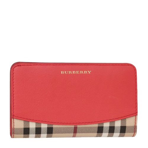 BURBERRY/博柏利 女士西瓜红牛皮经典格纹拼接长款钱包钱夹手拿包 3963121