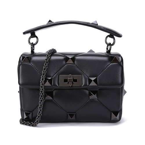 Valentino/华伦天奴 女士皮革铆钉装饰Roman Stud手提单肩斜挎包黑色 WW2B0I82 LWB
