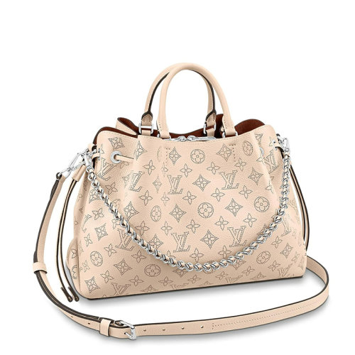 Louis Vuitton/路易威登 22春夏新款BELLA系列 女士奶油白牛皮革镂刻穿孔老花装饰银扣银链抽绳开合单肩斜跨手提链条包M59203