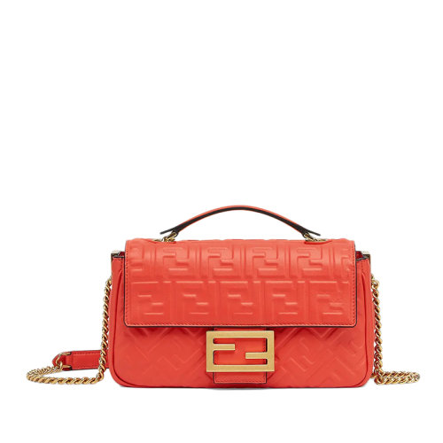 FENDI/芬迪 BAGUETTE系列 女士红色压纹纳帕小羊皮FF搭扣单肩斜挎链条法棍包8BR793AH9CF1F2H