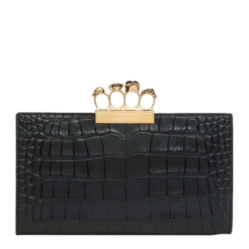 Alexander McQueen/亚历山大麦昆 女士黑色皮革鳄鱼纹四环按扣钱包手拿包女包 554147-DZT0M-1000