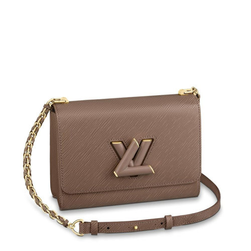 Louis Vuitton/路易威登 经典款TWIST系列 女士中号烟熏棕水波纹粒面牛皮革饰皮革缠绕金色皮革链带旋转徽标扣单肩斜挎手提包M58772