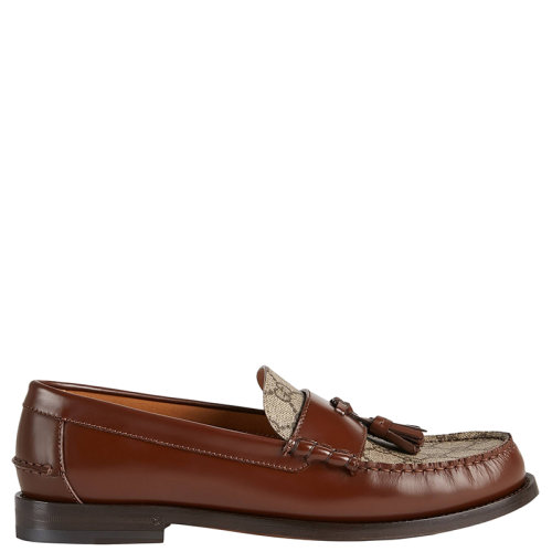 GUCCI/古驰 22年春夏新款 PINEAPPLE系列 男士棕色皮革与米色和乌木色老花帆布流苏乐福鞋67381717X302261