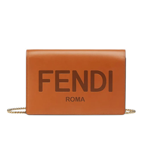 FENDI/芬迪  迷你棕色小牛皮“FENDI ROMA”印花链条单肩斜挎钱包8BS006AAYZF0QVK