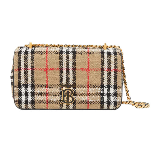 BURBERRY/博柏利 22新款 Lola Vintage系列 女士小号棕色圈圈棉/羊毛混纺格纹图案翻盖磁扣开合抛光金属单肩斜挎包80630801