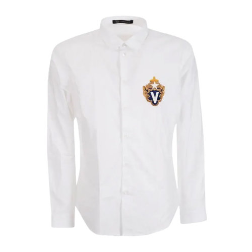 VERSACE/范思哲 男士白色棉质经典字母徽标装饰翻领长袖上衣衬衣衬衫 A82563-A222403-A001