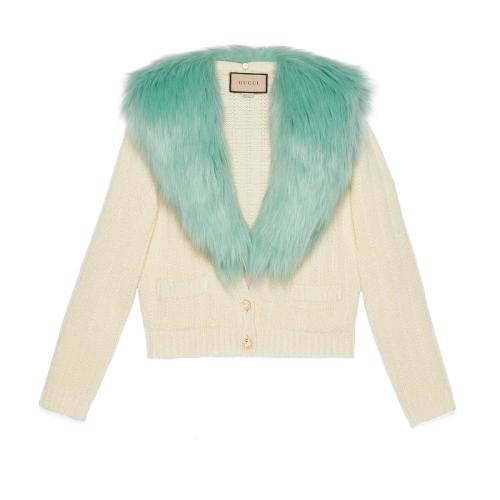  GUCCI古驰 22年秋冬 女士 饰环保毛皮羊毛羊绒开衫 695722 XKCER 9069