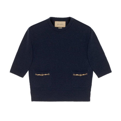 GUCCI/古驰 女士深蓝色圆领短袖双G链条羊绒衫662191XKBYJ4759