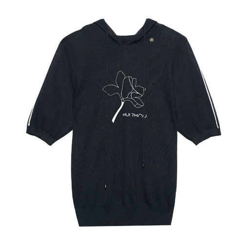 HUI/卉 女士休闲套装20春夏新款深古蓝色短袖套头衫连帽+束脚松紧腰休闲裤套装