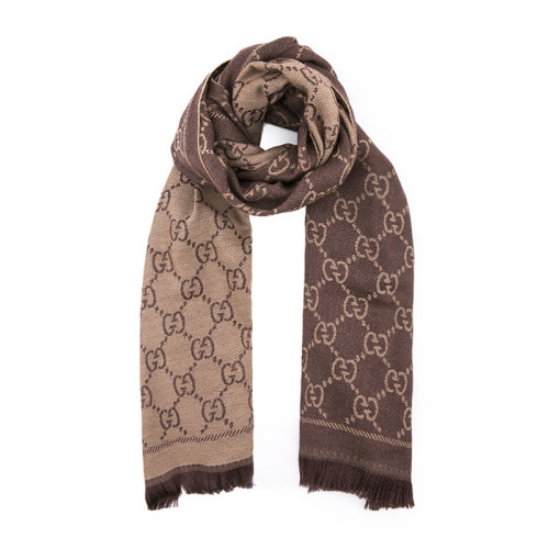 GUCCI/古驰 男女通用 中性深棕色羊毛双G图案提花中长款流苏边围巾围脖 133483-3G200-2764