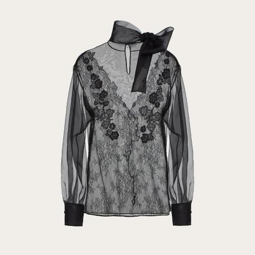  VALENTINO华伦天奴 22年秋冬 女士 长袖衬衫 TOP EN ORGANZA ET DENTELLE WB0AE6K01C80NO 预定商品1-3周发货