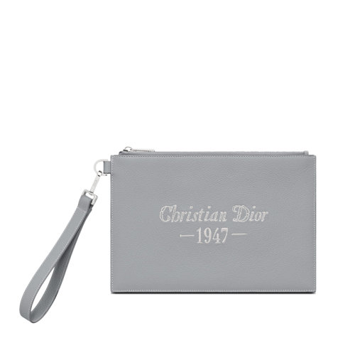 DIOR/迪奥 22新款 男士灰色“Christian Dior 1947”标志刺绣粒面牛皮革拉链开合A5手拿包2ESCA338NFS_H62Q