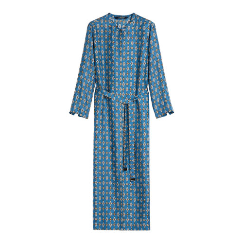 MaxMara/麦丝玛拉 22年早春新款 SAMOVAR系列 女士蓝色真丝印花长款长袖连衣裙9221262106003