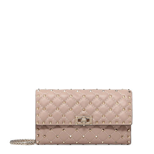 Valentino/华伦天奴 21新款 ROCKSTUD SPIKE系列 女士粉末色绗缝小羊皮翻盖柳丁链条单肩手拿包ZW2B0137NAPP45