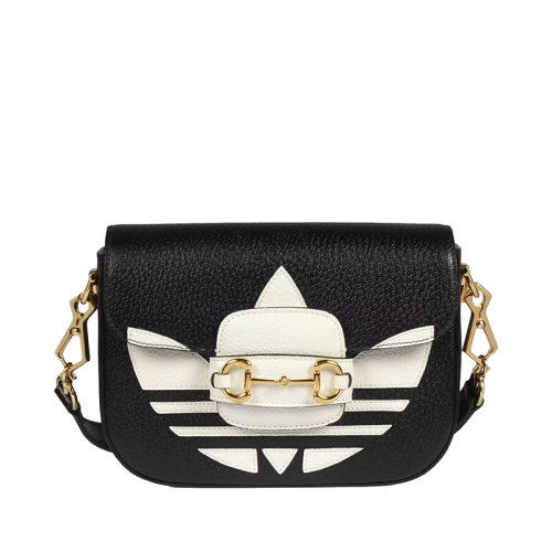 GUCCI/古驰 22新款Horsebit 1955阿迪达斯联名系列 女士迷你款黑色皮革三叶草印花翻盖马衔扣细节单肩斜挎包658574U3ZDG8726