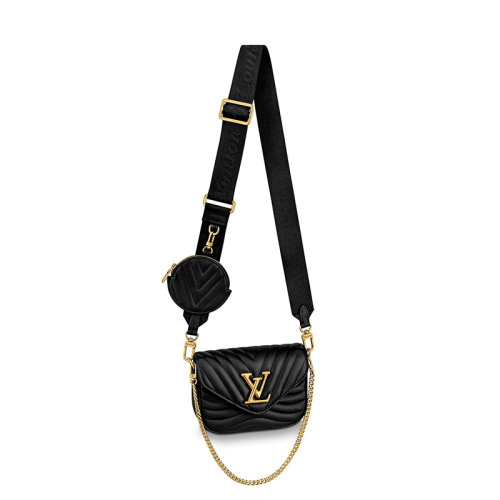 Louis Vuitton/路易威登 21新款 Louis Vuitton NEW WAVE系列 女士黑色绗缝光滑小牛皮翻盖徽标可拆卸肩带带圆形钱包手提斜挎单肩包M56461