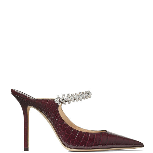 Jimmy Choo/周仰杰 22年秋冬新款 Bing 100系列 女士波尔多酒红色鳄鱼纹压纹皮革配水晶绑带尖头高跟鞋BING100CCL-BORDEAUX