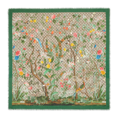 GUCCI/古驰 女士绿色莫代尔真丝混纺GG图案花卉印花末端流苏披肩围巾围脖丝巾方巾 424456-3G856-3165