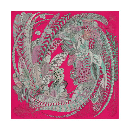 HERMES/爱马仕 140羽毛节披肩 女士紫红色/绿色/旧粉红色羊绒真丝围巾H243433S05