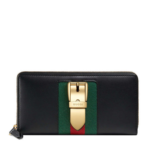 GUCCI/古驰 女士黑色牛皮红绿织带条纹拼接金属扣封拉链开合长款钱夹钱包卡包手拿包女包 476083-WLSG-1060