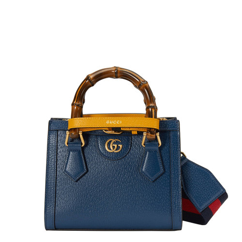 GUCCI/古驰 22春夏新款Diana系列 女士迷你蓝色皮革竹节手柄橙黄色饰带金扣手提单肩托特包702732U3ZDT4862