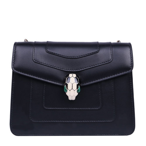 BVLGARI/宝格丽 Serpenti Forever系列女士黑色小牛皮浅金镀金黄铜黑白珐琅蛇首扣翻盖包链条包单肩包斜挎包女包 34559