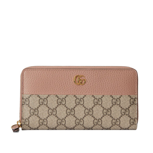 GUCCI/古驰 21新款GG Marmont系列 女士老花帆布粉色皮革金色双G装饰拉链长款钱包45611717WAG5788