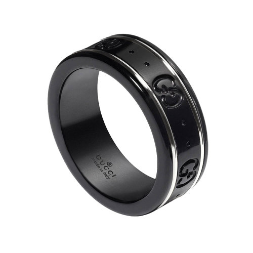 GUCCI/古驰 Icon系列 经典款男女通用饰有18K金白金细节黑色人造刚玉刻有双G图案的戒指 225985I19A18061