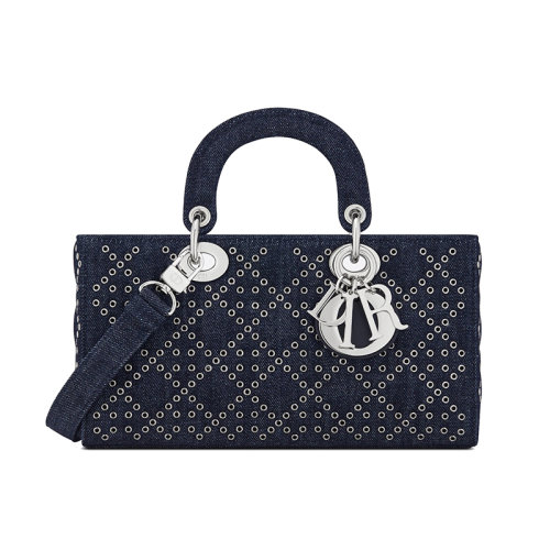DIOR/迪奥 22新款 LADY D-JOY系列 女士蓝色牛仔布藤格纹Eyelet Blue图案配金扣单肩斜挎手提戴妃包M0540PJAX_M928