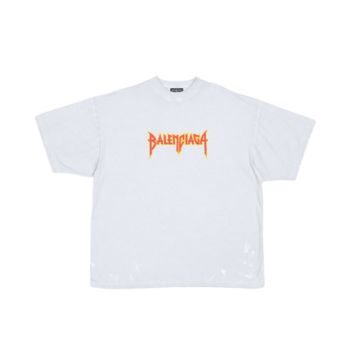 Balenciaga/巴黎世家 22年春夏新款 男士白色纯棉油漆效果印花大廓形短袖T恤694576TMV889012