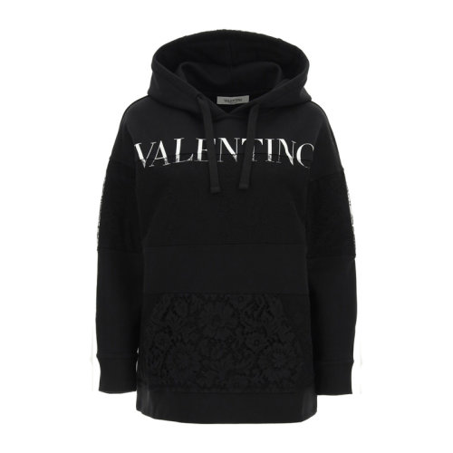 Valentino/华伦天奴 女士黑色棉质平纹针织重磅蕾丝经典字母徽标印花装饰连帽抽绳长袖上衣卫衣连帽衫套头衫运动衫 WB3MF11B-6GW-0NI