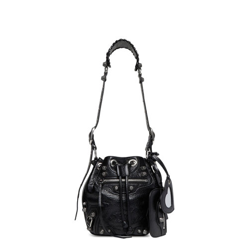 Balenciaga/巴黎世家 22新款LE CAGOLE系列 女士XS黑色小羊皮银扣抽绳开合单肩手提机车水桶包7024311VG9Y1000