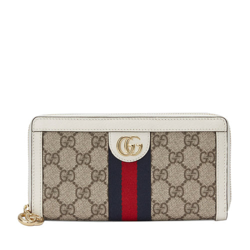 GUCCI/古驰 经典款Ophidia系列 女士米色/乌木色老花帆布白色皮革滚边拼接红蓝条纹织带拉链长款钱包52315496IWG9794