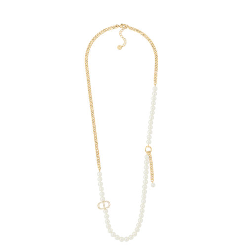 Dior/迪奥 22春夏新款30 MONTAIGNE系列 女士金色饰面金属白色树脂珍珠拼接CD长款项链 N1685MTGCY_D301