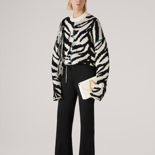 St.John/盛蔷黑白虎纹提花宽松针织流苏女士针织衫/毛衣K5110B3
