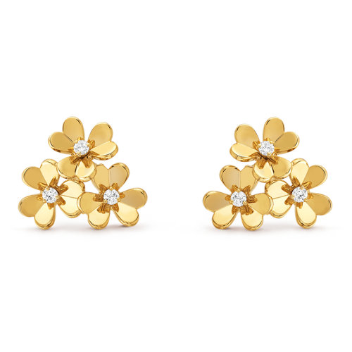 Van Cleef & Arpels/梵克雅宝 经典Frivole系列 18k金黄金镶嵌钻石3三瓣花朵迷你耳环VCARP2DV00