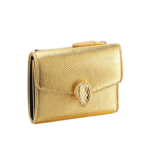 BVLGARI/宝格丽 特别版本Serpenti Forever 金色karung和黑色小牛皮制成搭配金色蛇头三折钱包 290656