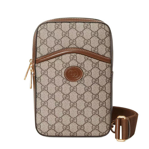 GUCCI/古驰 22新款 男士米色/乌木色老花帆布配皮金扣拉链开合单肩斜跨包69601692THG8563