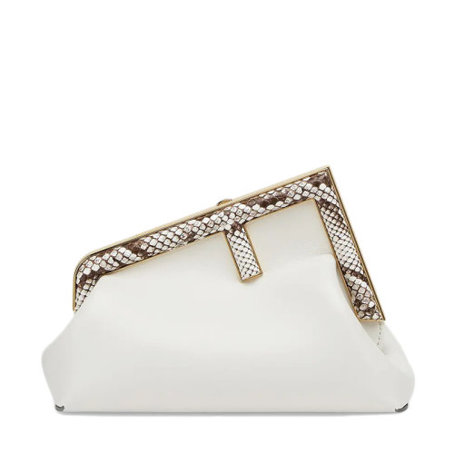 FENDI/芬迪 FIRST系列 女士小号白色纳帕皮革蟒蛇皮饰边F金属搭扣单肩手拿包8BP129AGWRF1GEN