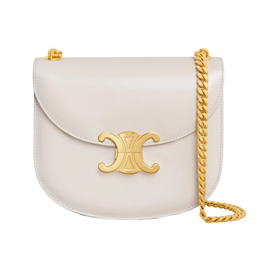 CELINE/赛琳 22秋冬新款 TRIOMPHE系列 女士白色缎面小牛皮三角扣翻盖开合金色链条单肩斜挎包110973BF4.01RC