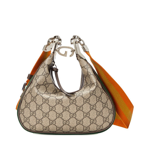 GUCCI/古驰 22新款 女士经典米色乌木色老花帆布红绿织带饰边新月造型G钩扣小号单肩手提包?69940996GRN4091