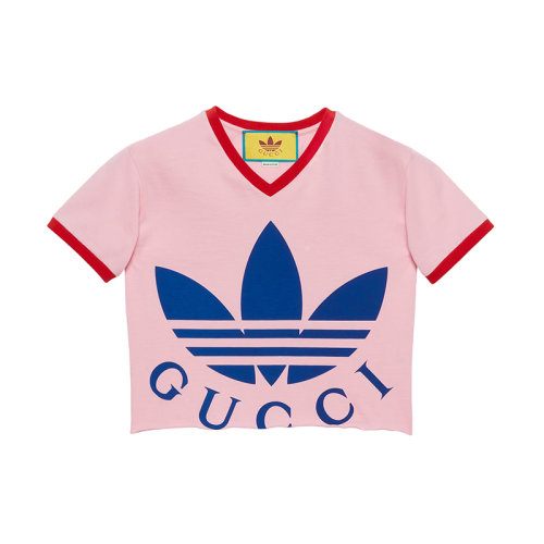 GUCCI/古驰 22年秋冬新款 adidas联名系列 女士粉色纯棉红色滚边短款T恤693637XJEB15939