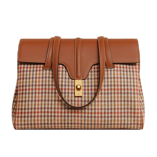 CELINE/赛琳 22新款16系列 女士中号多色格子纹花呢配棕色系皮革金扣翻盖开合单肩手提包195542EOM.14ML