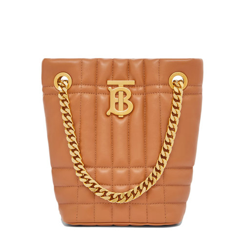 BURBERRY/博柏利 Lola系列 女士迷你枫棕色绗缝羊皮革TB专属标识单肩手提水桶包80508771