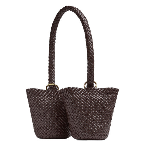Bottega Veneta/葆蝶家 22新款 女士苦巧克力色羔羊皮带Intreccio图案绗缝金属环滑动肩带抽绳内袋黄铜饰面双水桶单肩包716929V01D02024