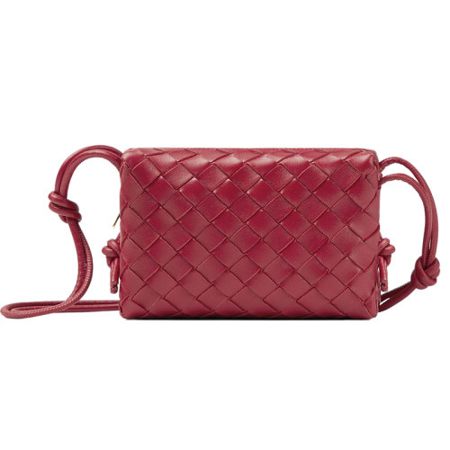 Bottega Veneta/葆蝶家 22新款 女士迷你苹果红羔羊皮Intrecciato图案拉链开合单肩斜挎相机包680254V1G116390