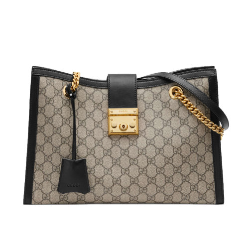 GUCCI/古驰 经典GG Padlock系列 老花帆布拼接黑色牛皮中号链条单肩手提包479197KHNKG9769