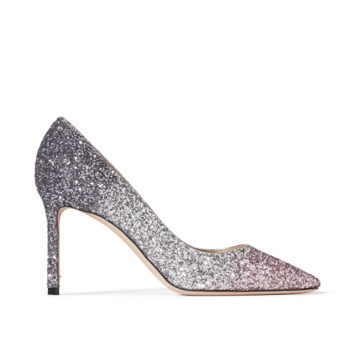 Jimmy Choo/周仰杰 芭蕾粉色/银色/碳灰色三重渐变闪粉面料尖头高跟鞋  ROMY85