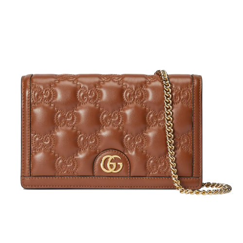 GUCCI/古驰 22新款 女士浅棕色老花绗缝皮革金扣单肩斜挎链条钱包723787UM8IG2546