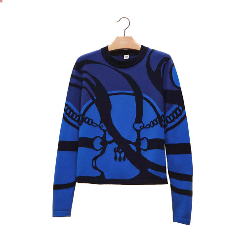 HERMES/爱马仕 22年秋冬新款 女士蓝色羊绒“Morning Walk”图案嵌花圆领长袖毛衣H2H2664D27R34